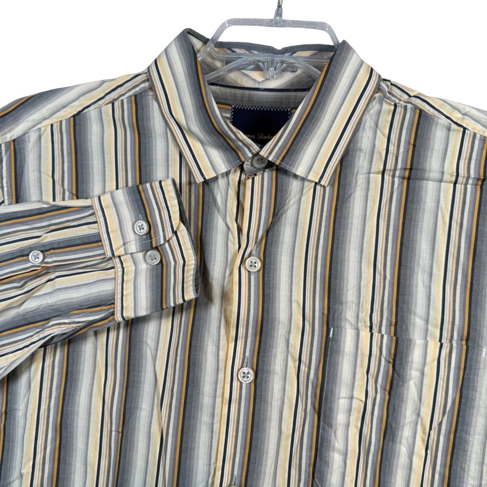 Tommy Bahama Button Down Shirt Mens Medium Grey Yellow Striped Pima Cotton
